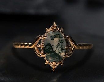 Natural Oval Shaped Moss Agate Engagement Ring 14K Solid Yellow Gold Promise Ring Nature Inspired Anniversary Jewelry Gift for Women & Wife