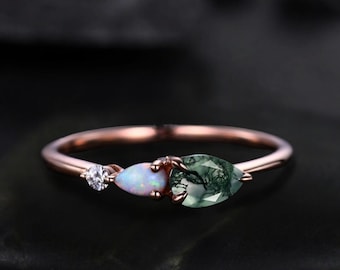Natural Moss Agate Opal Engagement Ring Pear Cut Gem Art Deco Moissanite Wedding Band 3 Stone Unique Women Bridal Promise Ring Gift For Wife