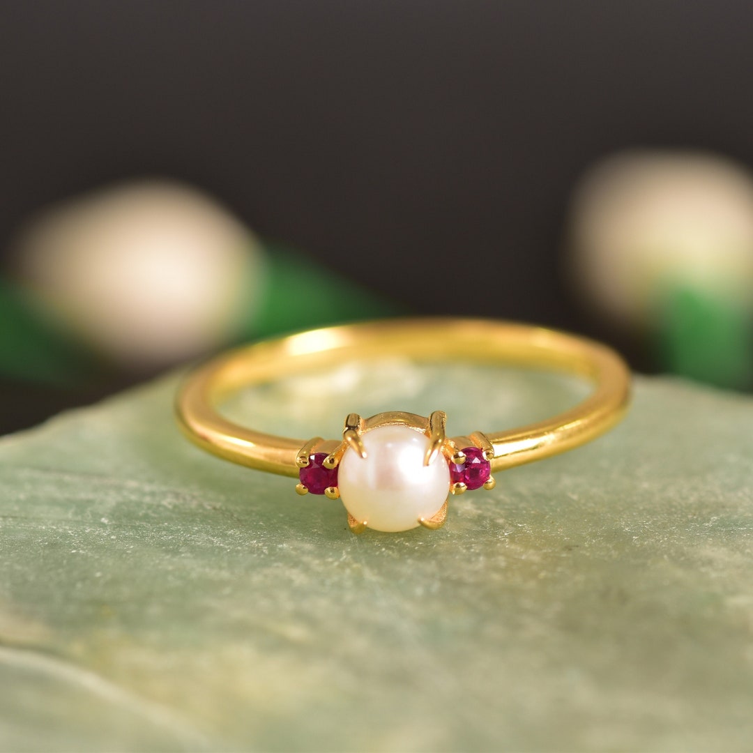 Pearl & Ruby Wedding Ring Women Rose Gold Pearl Matching Pearl Ring ...