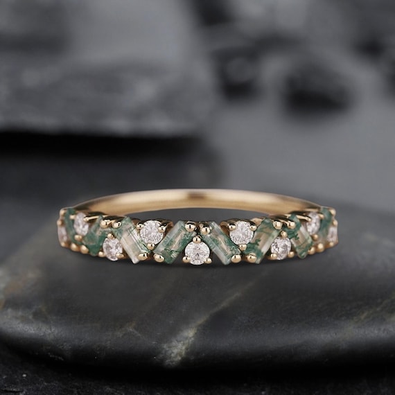 Unique Baguette Moss Agate Ring Moss agate Wedding Band Gold Rings Art Deco Eternity Band Moss Agate Matching Ring Personalized Gift For Her