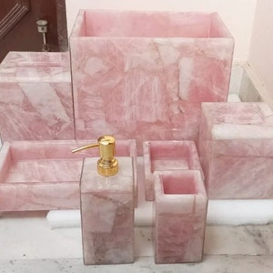 Rose Quartz Bathroom Set / Set of Seven Pieces for Bathroom Decoration / Rose Quartz Agate Handmade Bathroom