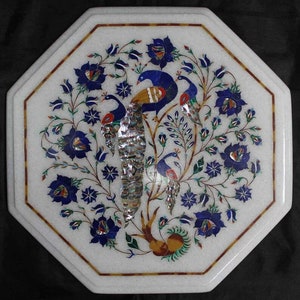 Marble Inlay Side/end/corner Table Top Stone Inlaid Tables with Beautiful lapis Flower Handmade Pietra Dura Art