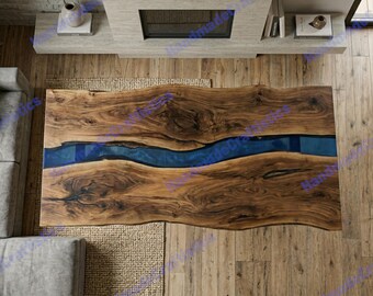 Blue Resin Wood Table | Handcrafted Modern Rustic Furniture