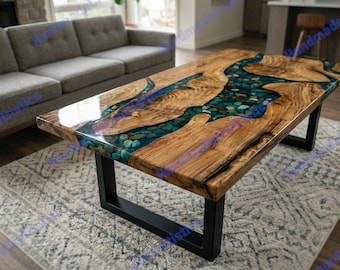 Live Edge Epoxy River Coffee Table | Wood & Resin Table with Pebble Design