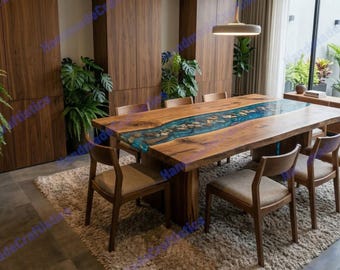 Epoxy River Dining Table with Stones | Live Edge Wood Table