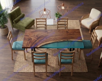 Solid Wood & Blue Resin Table | Live Edge Epoxy River Dining Table