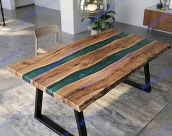 Green Resin Wood Table | Double River Epoxy Dining Table