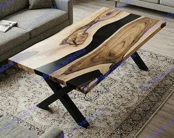 Black Resin Epoxy Dining Table | Solid Olive Wood Slab Table