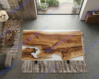 Live Edge Wood & White Epoxy River Table | Handmade Resin Dining Table