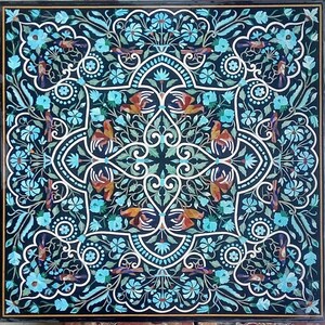 Black Marble Inlay Coffee Table Top, marble inlay floral decorative plate, Pietra dura art