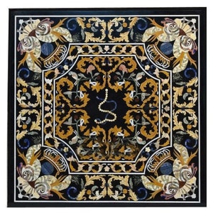 Black Marble Inlay Coffee Table Top, marble inlay floral decorative plate, Pietra dura art
