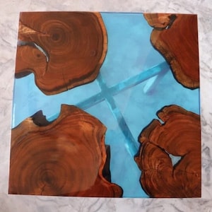 Blue Resin Epoxy Table Top Made by Wood and Resin