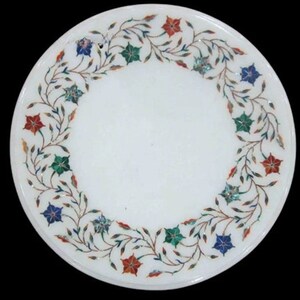 Marble Inlay living room side/end Table Top Stone Inlaid Tables with Beautiful lapis Flower Handmade Pietra Dura Art, White marble table