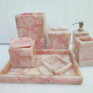 Pink Rose Quartz Bathroom Set / Set of Seven Pieces for Bathroom Decoration / Pink Rose Quartz Agate Handmade Bathroom