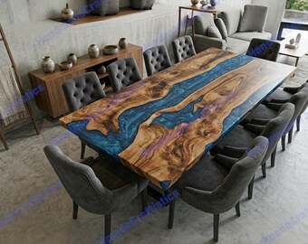 Custom Walnut Kitchen Table | Live Edge Wood Table with Blue Epoxy Resin