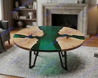 Handcrafted Live-Edge Wood Resin Coffee Table | Round Emerald Statement Piece