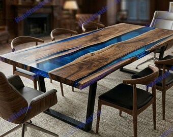 Blue Epoxy Resin River Dining Table | Live Edge Walnut Wood Table