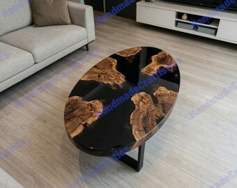 Oval Black Epoxy Resin Coffee Table | Burl Wood River Table