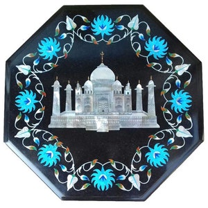 Black Marble Table With Pietra Dura Inlay Semi-Precious Stones