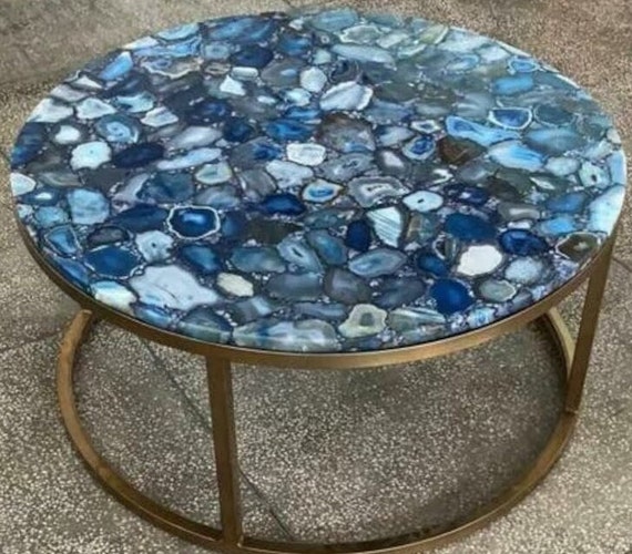 Blue Agate Stone Table Top For Dining Room Decor
