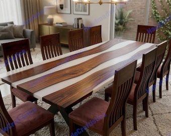 White Epoxy Resin River Dining Table | Luxury  Live Edge Wood Table