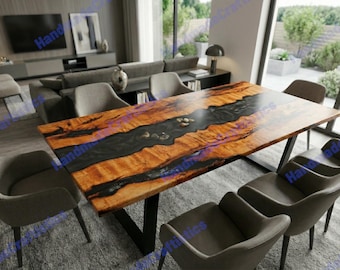 Black Epoxy River Dining Table | Handmade Resin Table