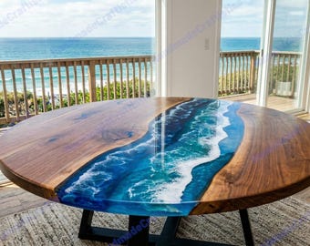 Blue Epoxy Sea Wave Art | Round Ocean Epoxy Resin Table