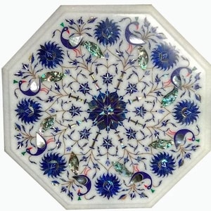Octagonal Marble Table Top Semi Precious Stone Inlay Work Handmade Pietra Dura Art Home Furniture