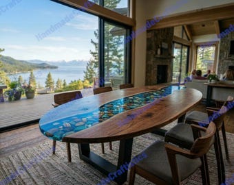 Blue Epoxy Resin Table with Natural Pebbles | Live Edge River Stone Dining Table