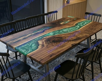 Walnut Wood & Emerald Green Resin Table | Custom Handcrafted Dining Furniture