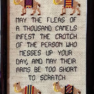 May include: A cross-stitch embroidery with a white background and four brown camels with colorful saddles. The text reads "May the fleas of a thousand camels infest the crotch of the person who messes up your day, and may their arms be too short to scratch".