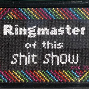 May include: Black and white cross-stitch embroidery framed in black with a rainbow border. The embroidery reads "Ringmaster of this Shit Show".
