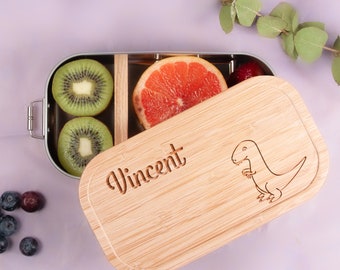 Brotdose Junge personalisiert, Brotzeitdose Dino, Lunchbox aus Edelstahl, Brotdose Kinder, Snackbox für Kindergarten