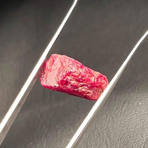 May include: A raw, unpolished ruby gemstone with a deep red colour and a textured, irregular surface held securely by a pair of silver-toned metal tweezers. The stone displays natural facets and crystalline structures across its entire exterior.