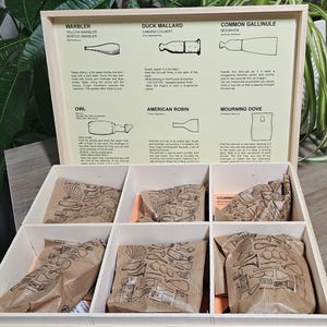 May include: A wooden box with six compartments, each containing a brown paper bag. The top of the box has a printed chart with illustrations and text about different bird calls, including Warbler, Duck Mallard, and Common Gallinule.