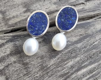 Earrings- Freshwater Pearl & Coral Mosaic or Lapis Mosaic