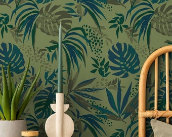 Tropical green leaves Wallpaper, Peel&Stick and Traditional Wallpaper, Removable and Renter friendly Wall Decor, Botanical Design, Floral