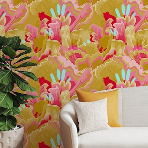 Bold colorful floral Wallpaper | Traditional, Vinyl, Peel&Stick, Removable and Renter friendly Wall Decor, Botanical Design, Floral wall