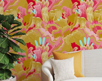 Bold colorful floral Wallpaper | Traditional, Vinyl, Peel&Stick, Removable and Renter friendly Wall Decor, Botanical Design, Floral wall