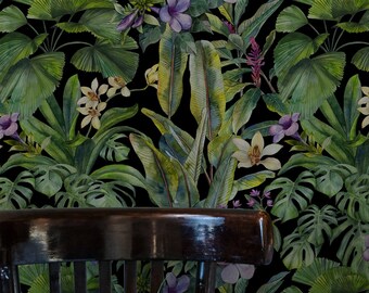 Dark modern tropical Wallpaper | Peel&Stick, Vinyl, Traditional, Removable and Renter friendly Wall Decor, Botanical Design, Floral wall