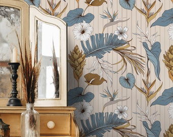 Blue Leaves floral Wallpaper | Peel&Stick, Vinyl, Traditional, Removable and Renter friendly Wall Decor, Botanical Design, tropical.