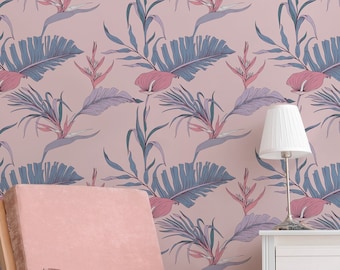 Pink botanical Wallpaper | Peel&Stick, Vinyl, Traditional, Removable and Renter friendly Wall Decor, Botanical Design, tropical wall.