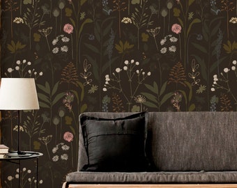 Dark botanical Wallpaper | Peel&Stick, Vinyl, Traditional, Removable and Renter friendly Wall Decor, Botanical Design, Floral wall