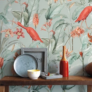 Tropical Birds Wallpaper,Peel&Stick and Traditional Wallpaper, Removable and Renter friendly Wall Decor, Botanical Design,textured wallpaper