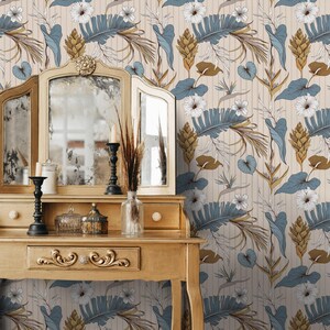 Botanical & Floral Wallpaper Peel and Stick | Cute Beige Wallpaper for Living Room | Modern Tropical Flowers Non-Woven Wallpaper | TP51