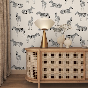 Safari Wallpaper Peel and Stick | Cute Beige Wallpaper for Kids Room | Modern Zebras Traditional Non-Woven Wallpaper | ANI05