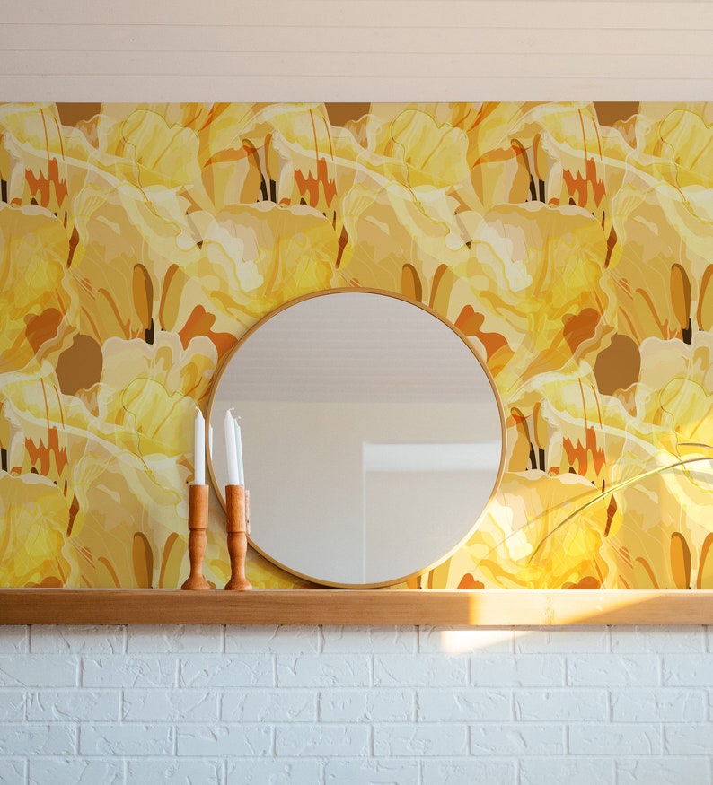 Yellow Watercolor Floral Wallpaper Peel&stick, Vinyl, Traditional