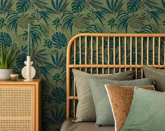 Carta da parati botanica e floreale staccabile e attaccabile / Carta da parati verde giocosa per camera da letto / Carta da parati moderna in tessuto non tessuto con foglie tropicali / JL20