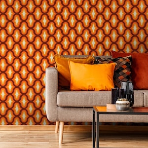 Geometric Wallpaper Peel and Stick | Fun Orange Wallpaper for Living Room | Retro Whimsical 70&#39;s Traditional Non-Woven Wallpaper | RP05