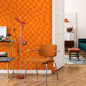 Geometric Wallpaper Peel and Stick | Fun Orange Wallpaper for Living Room | Retro Whimsical 70&#39;s Traditional Non-Woven Wallpaper | RP03